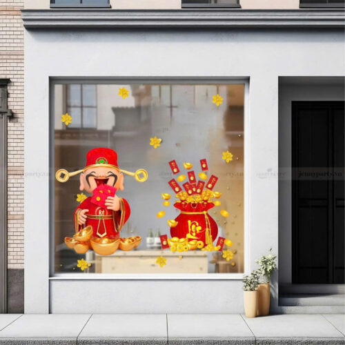 Mẫu decal trang trí Tết linh vật và thần tài