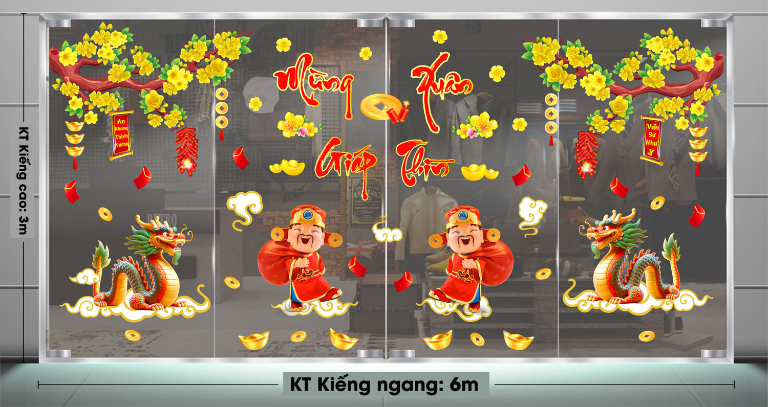 Mẫu decal trang trí Tết câu đối và chữ thư pháp