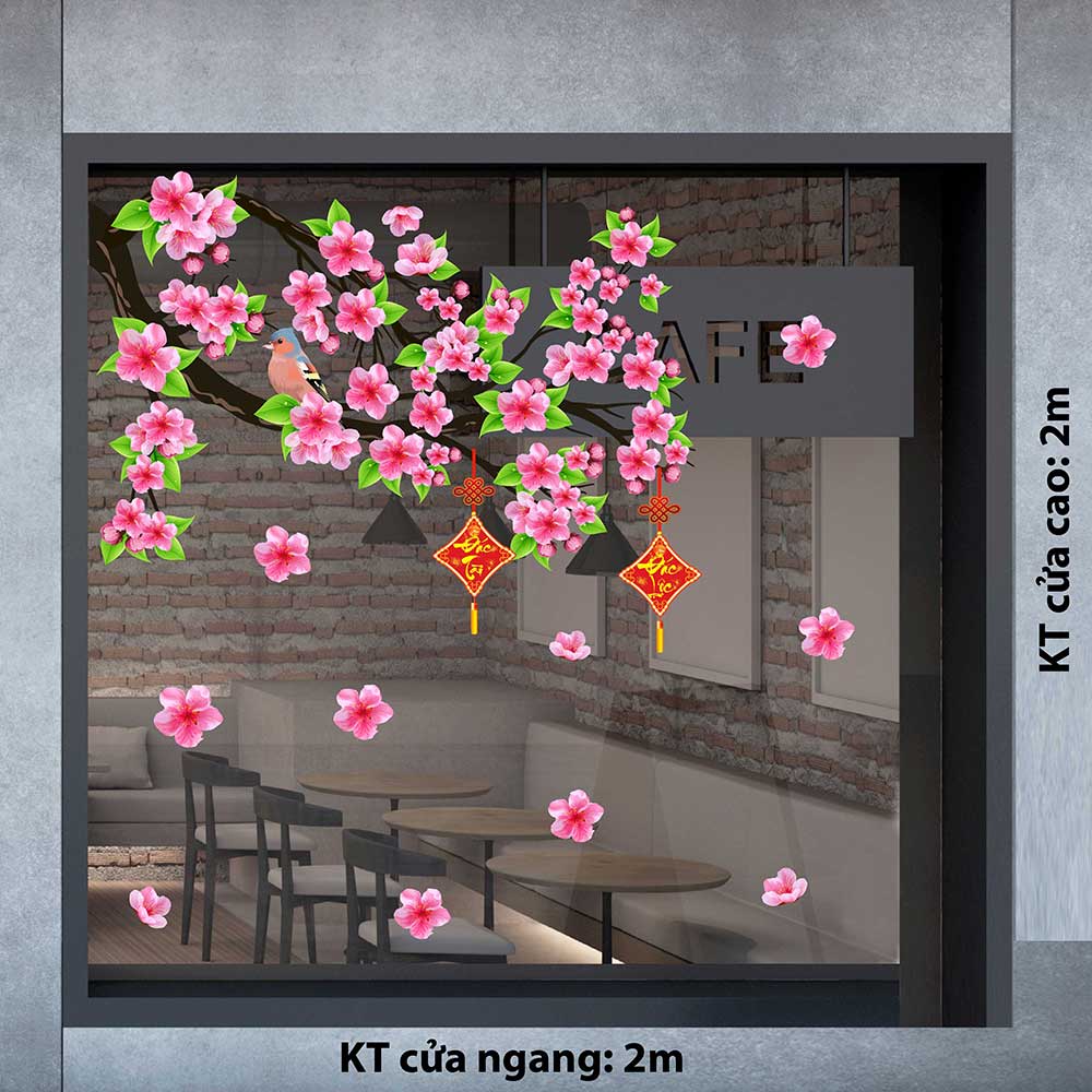Mẫu decal trang trí Tết chủ đề hoa mai và hoa đào