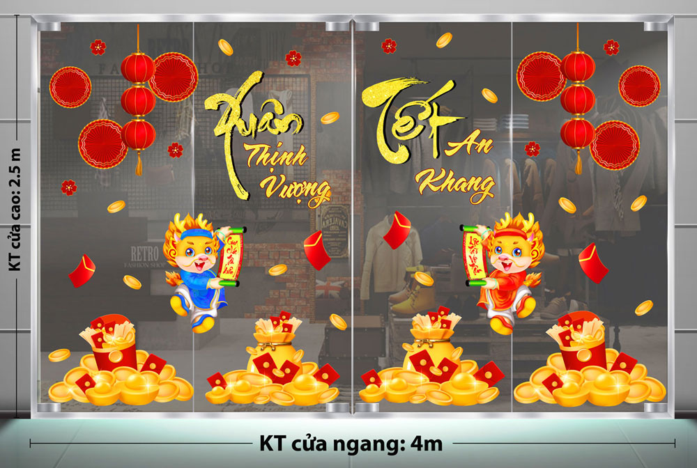 Mẫu decal trang trí Tết câu đối và chữ thư pháp