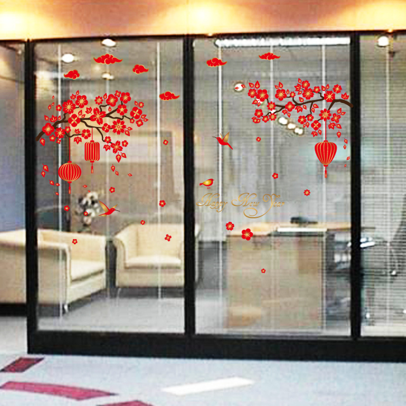 Mẫu decal trang trí Tết chủ đề hoa mai và hoa đào