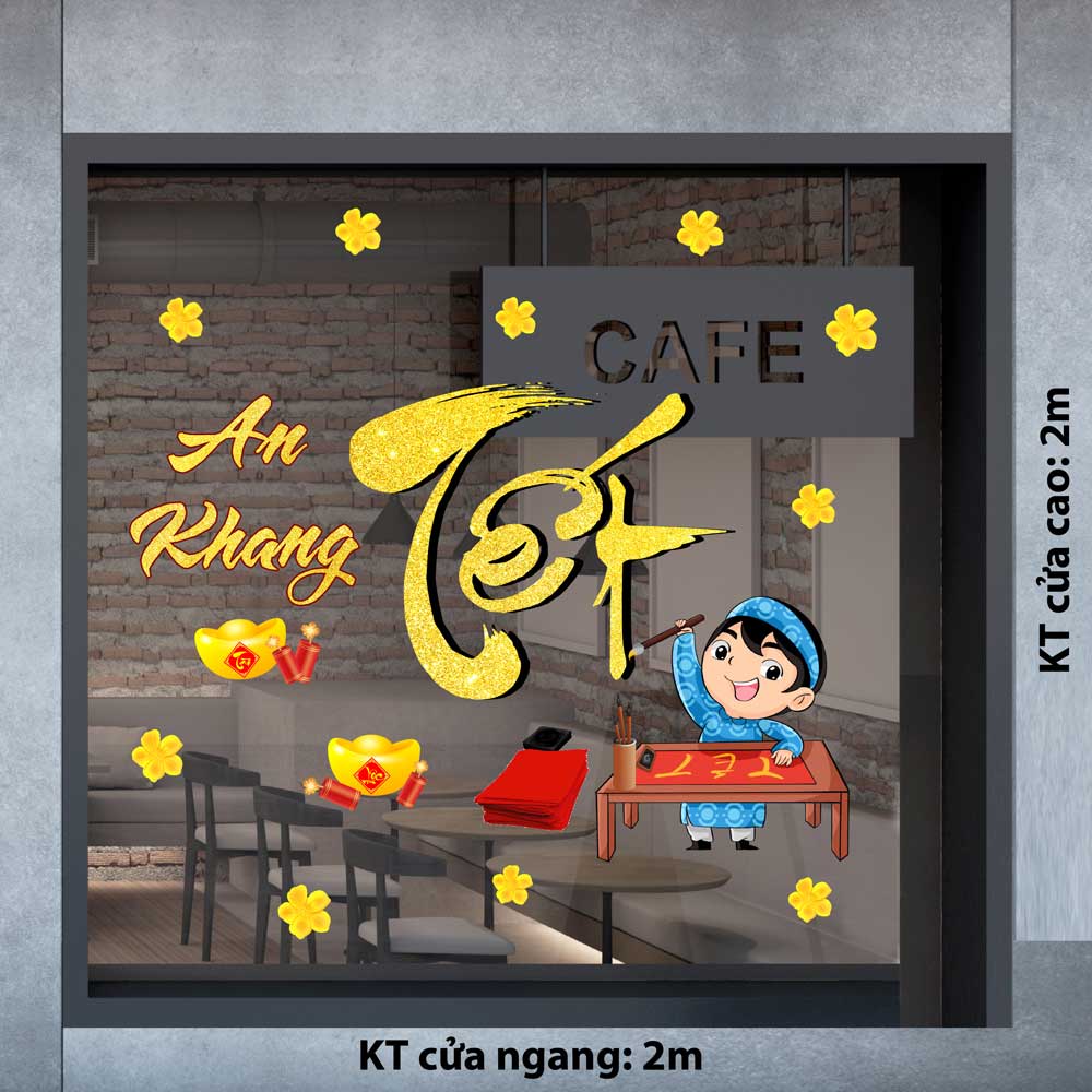 Mẫu decal trang trí Tết câu đối và chữ thư pháp