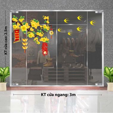 Mẫu decal trang trí Tết chủ đề hoa mai và hoa đào