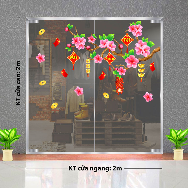 Mẫu decal trang trí Tết chủ đề hoa mai và hoa đào