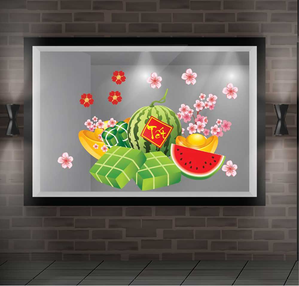 Mẫu decal trang trí Tết bánh chưng dưa hấu