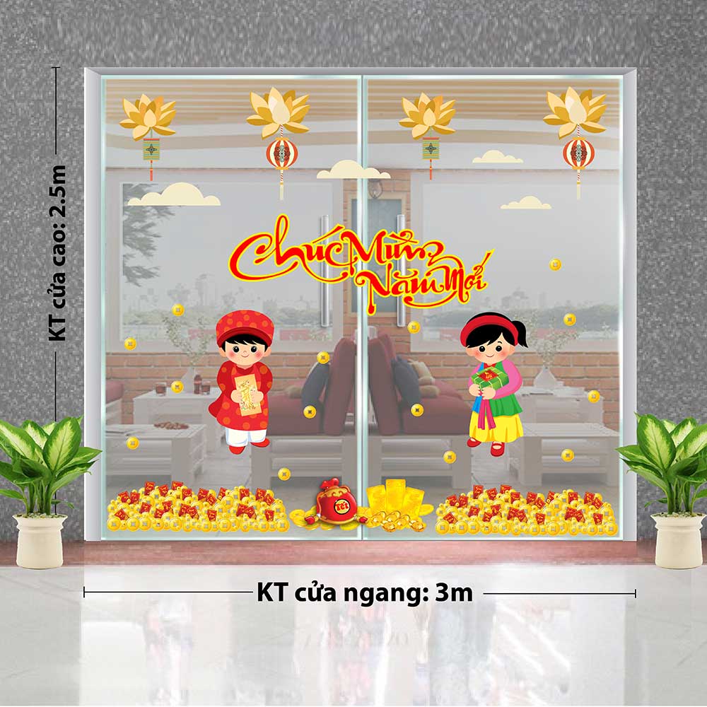 Mẫu decal trang trí Tết câu đối và chữ thư pháp