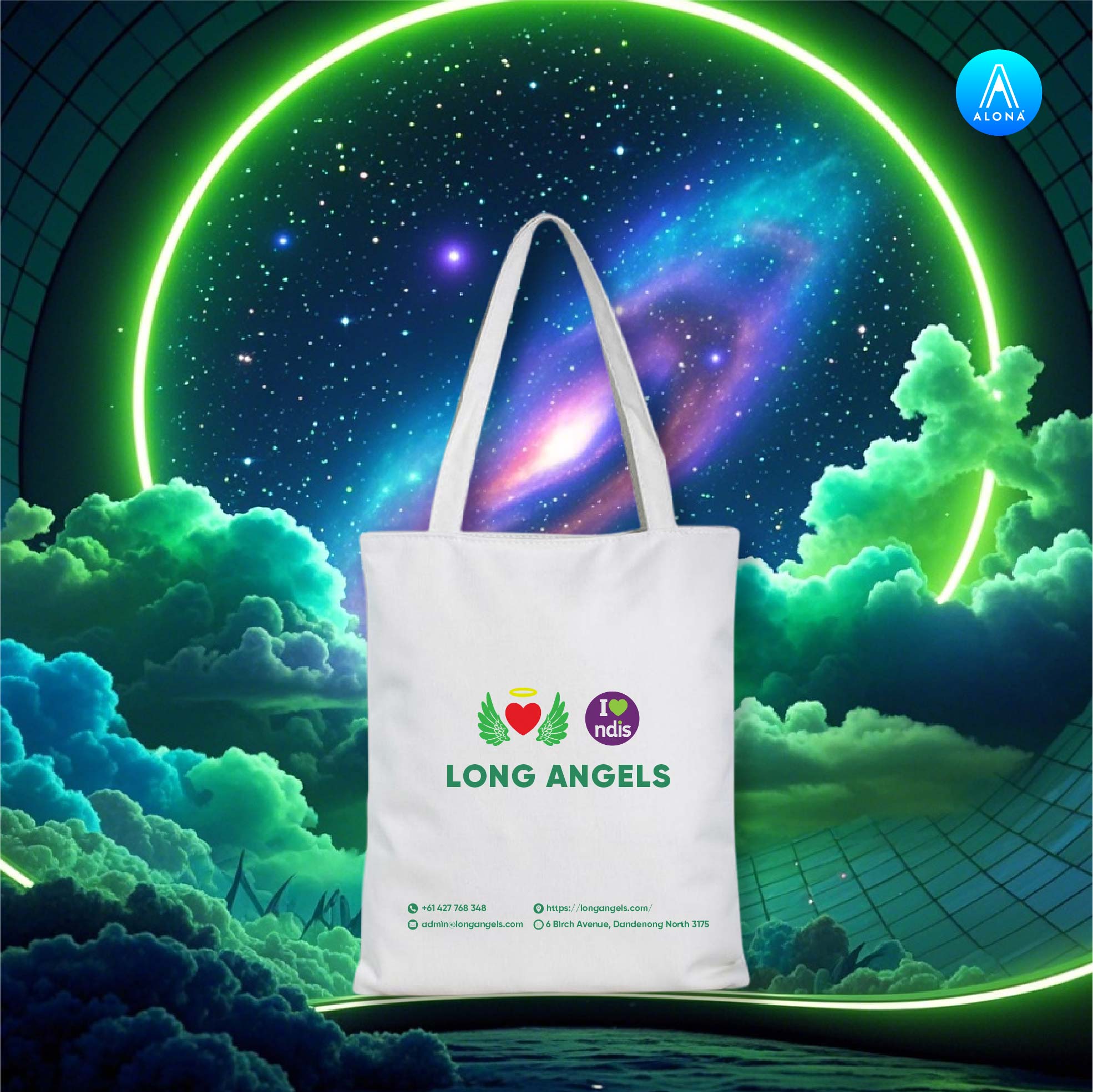 Túi canvas trắng thiết kế in logo Long Angels dạng tote dáng đứng