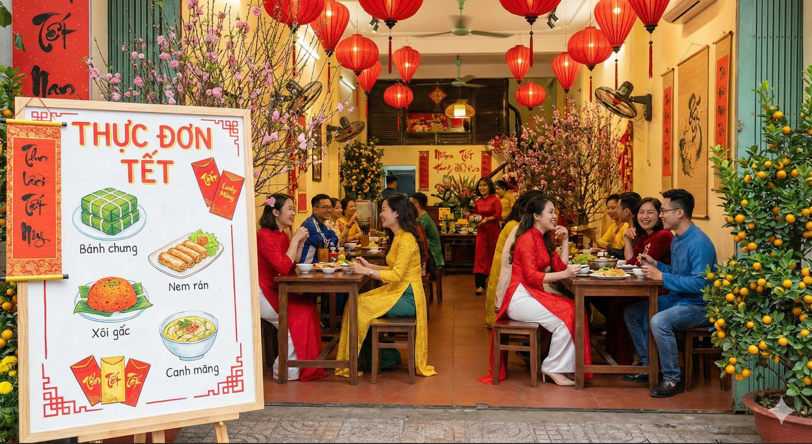 Không gian quán ăn ngày Tết với bảng menu Tết, câu đối đỏ thu hút khách hàng.