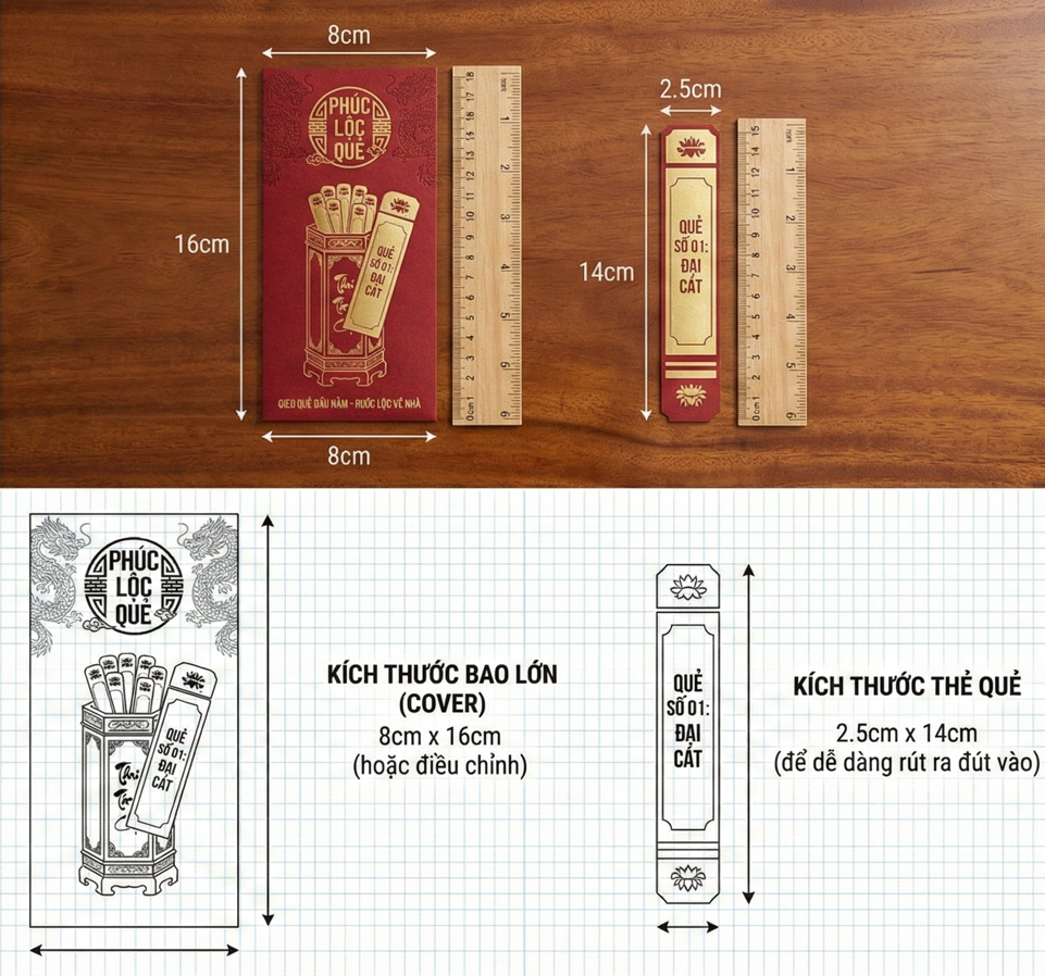 kích thước bao lì xì gieo quẻ chuẩn