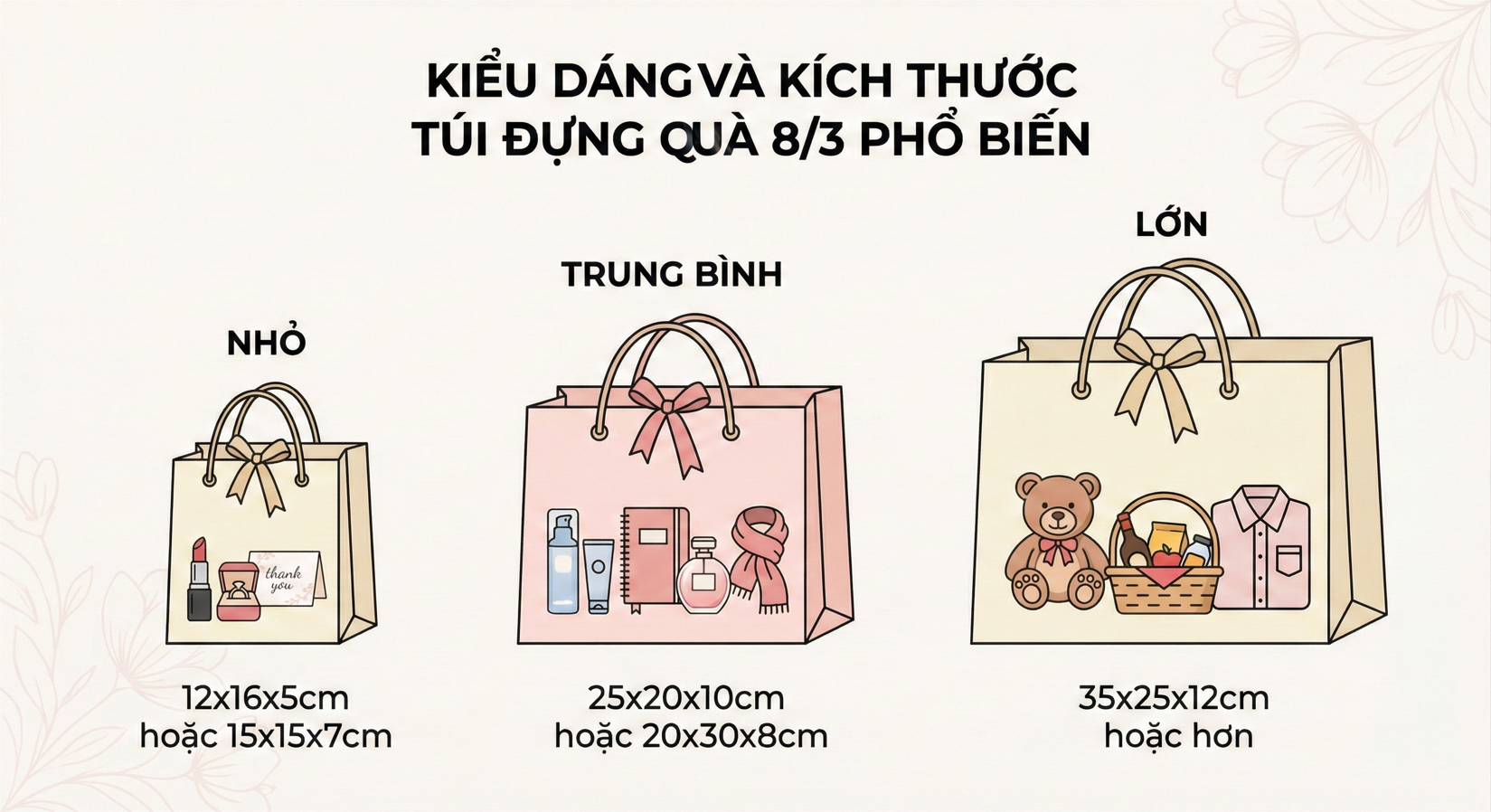 kiểu dáng và kích thước túi đựng quà 8/3 phổ biến