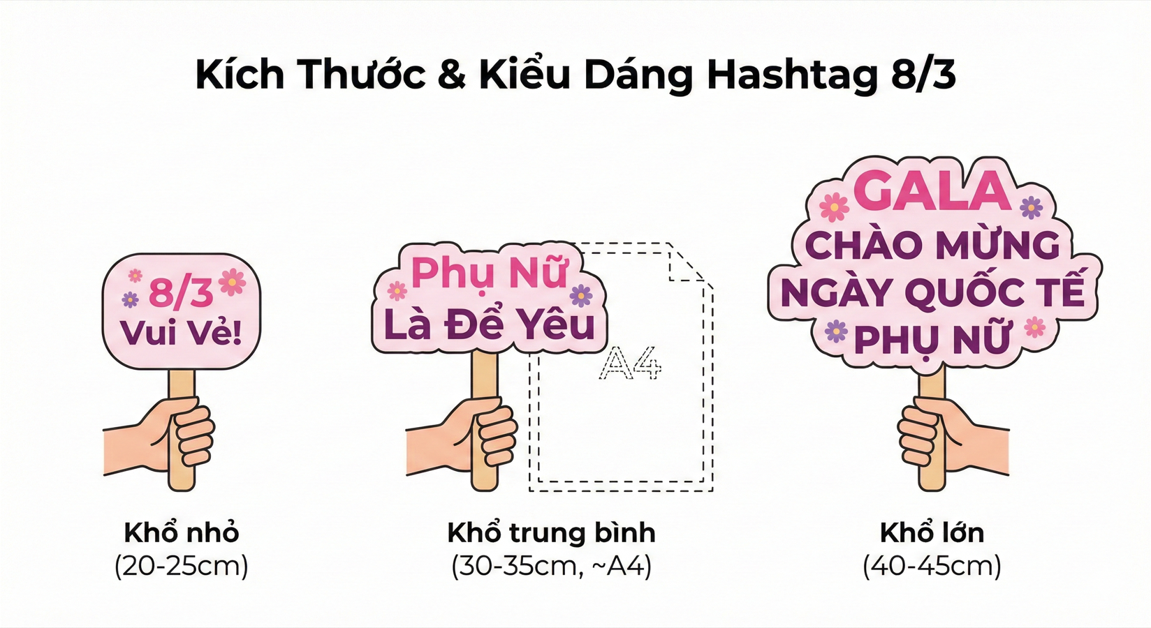 kích thước và kiểu dáng hashtag 8/3