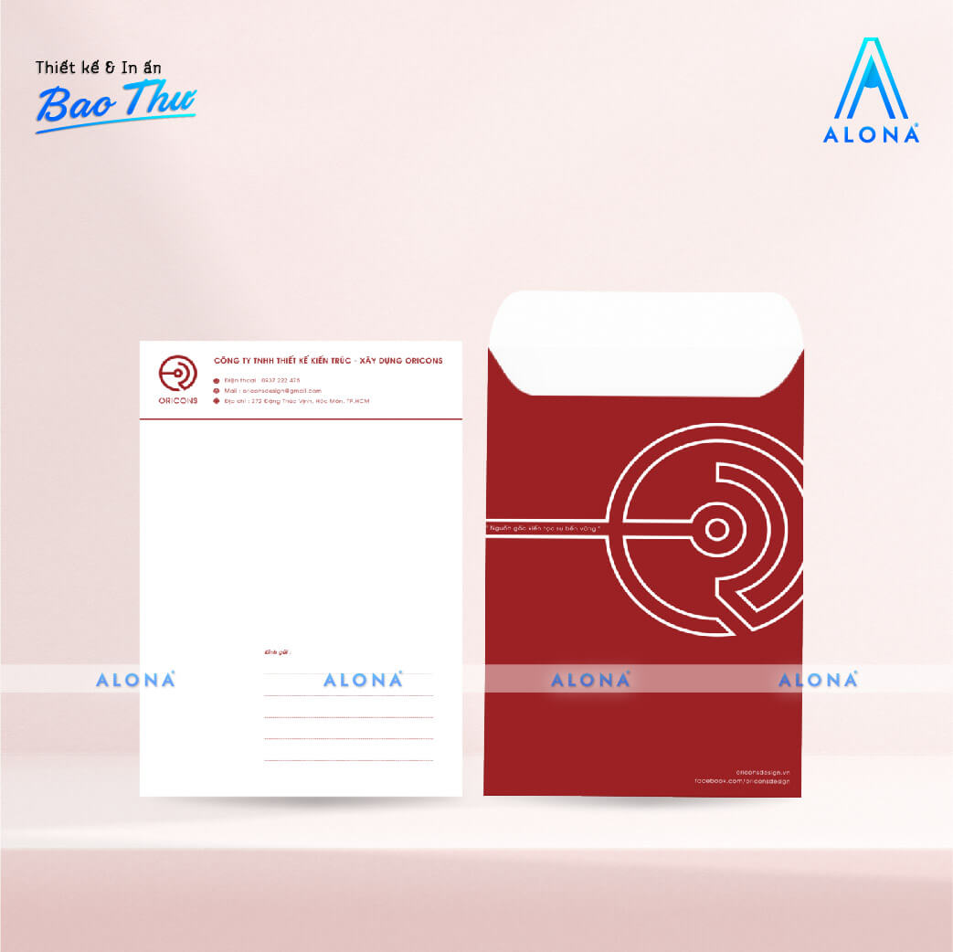 Bao thư đỏ trắng nổi bật, điểm nhấn xanh thân thiện, truyền tải thương hiệu chuyên nghiệp và năng động