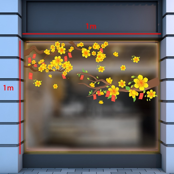 Mẫu decal trang trí Tết chủ đề hoa mai và hoa đào