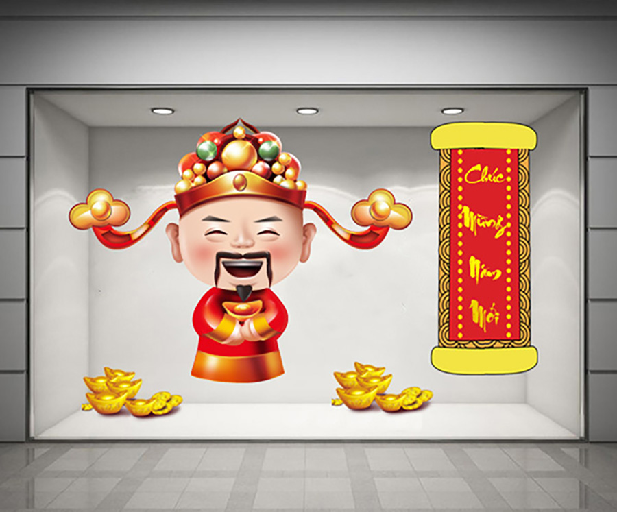 Mẫu decal trang trí Tết linh vật và thần tài