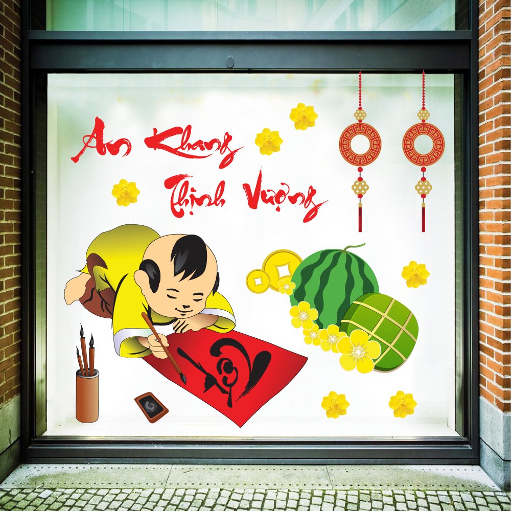 Mẫu decal trang trí Tết câu đối và chữ thư pháp