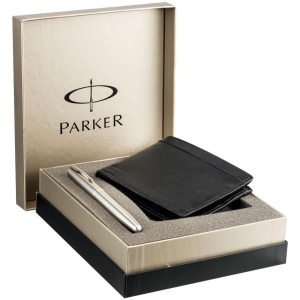 Hộp quà tặng gồm ví da màu đen và bút kim loại cao cấp thương hiệu Parker