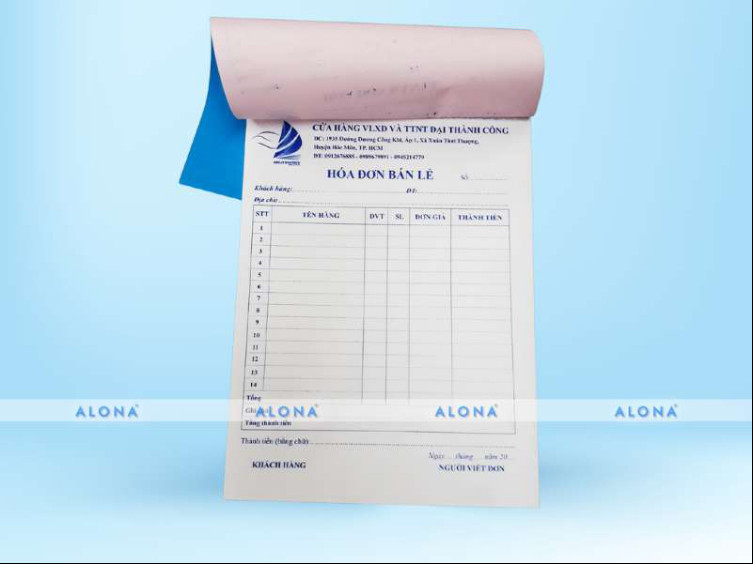 Mẫu biên nhận - hóa đơn bán lẻ được in tại Alona