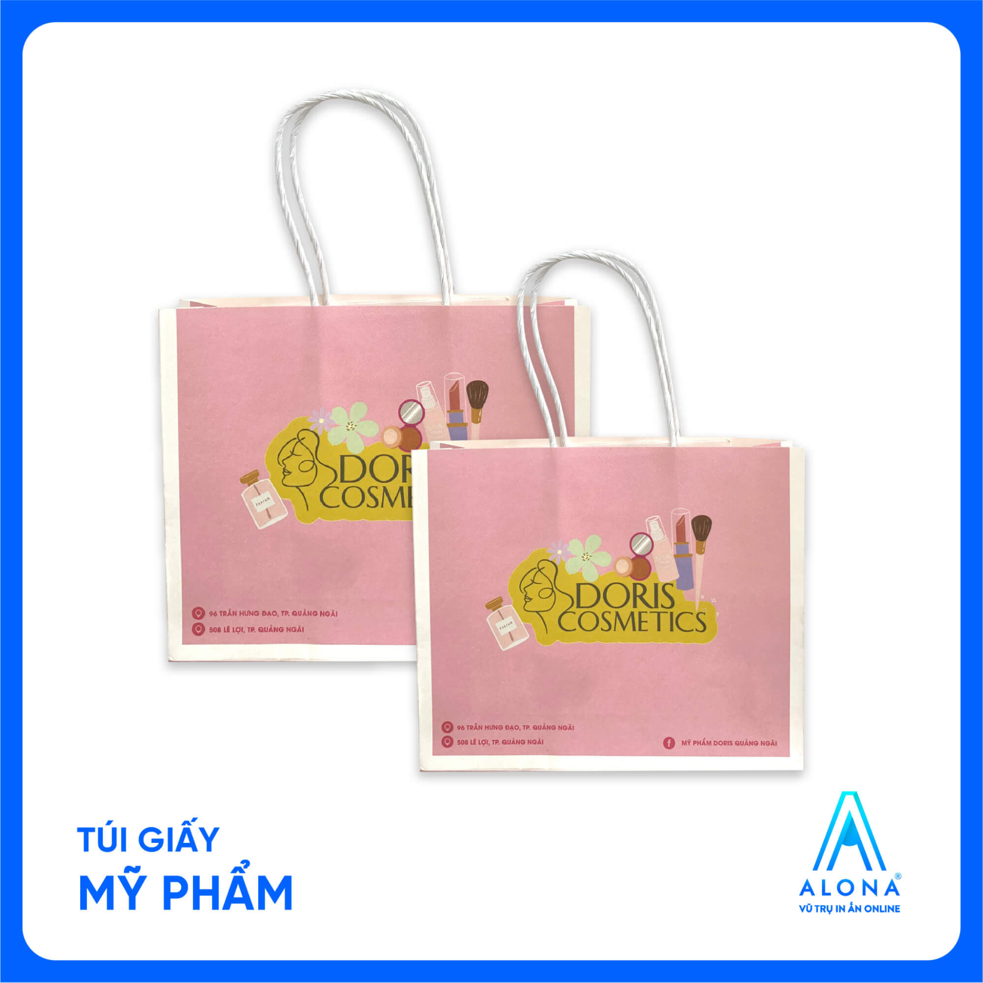 Túi giấy hồng in hình mỹ phẩm, tay cầm giấy xoắn trắng