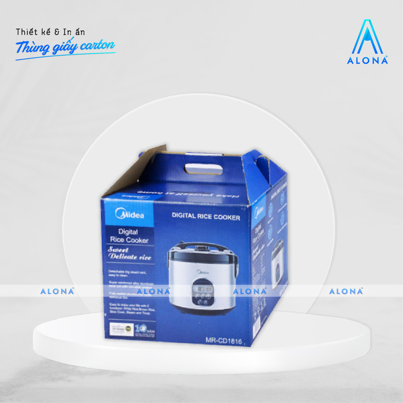 Mẫu in hộp giấy carton có quai xách màu xanh chuyên nghiệp