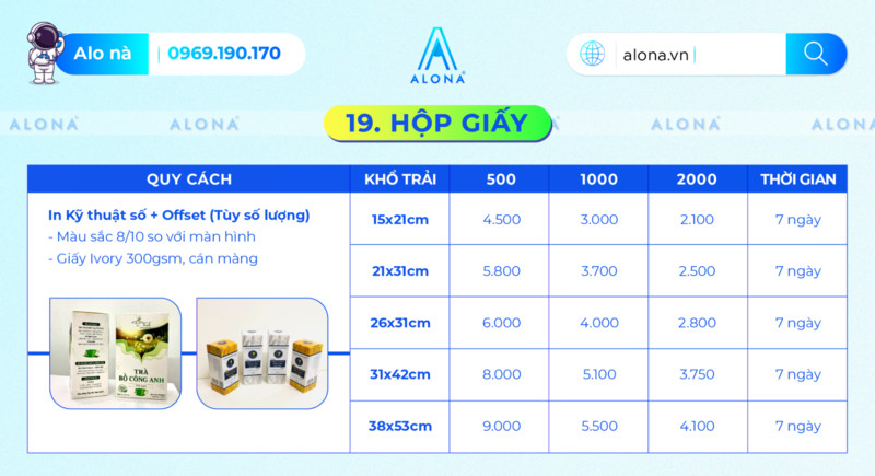 Bảng giá in ấn hộp giấy tham khảo tại Alona