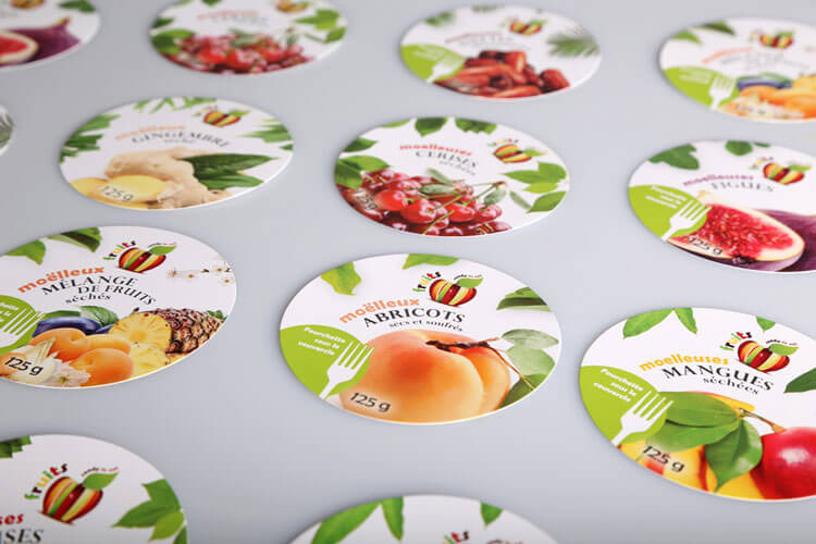 Sharp offset-printed circular labels for dried fruits