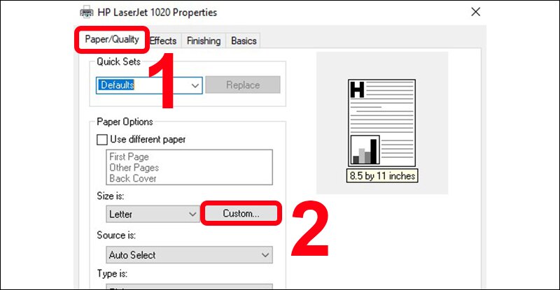 Trên tab Paper/Quality, chọn Custom trong hộp Size