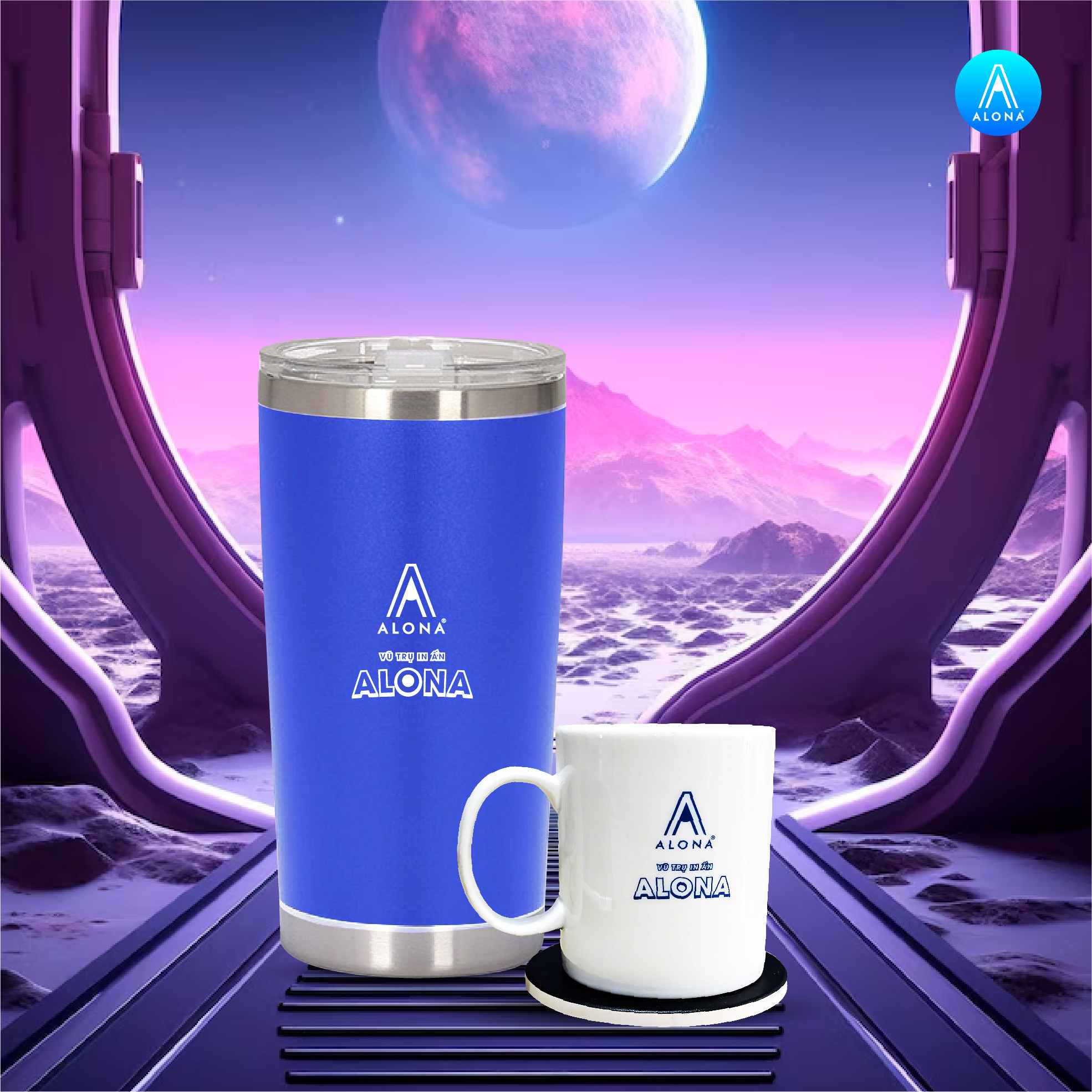 Bình giữ nhiệt in logo thương hiệu Alona với tone màu chủ đạo xanh dương