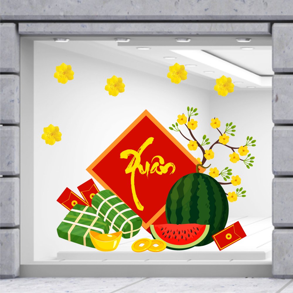 Mẫu decal trang trí Tết bánh chưng dưa hấu