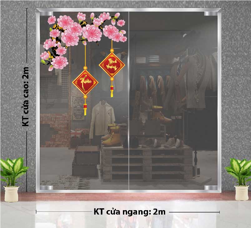 Mẫu decal trang trí Tết chủ đề hoa mai và hoa đào