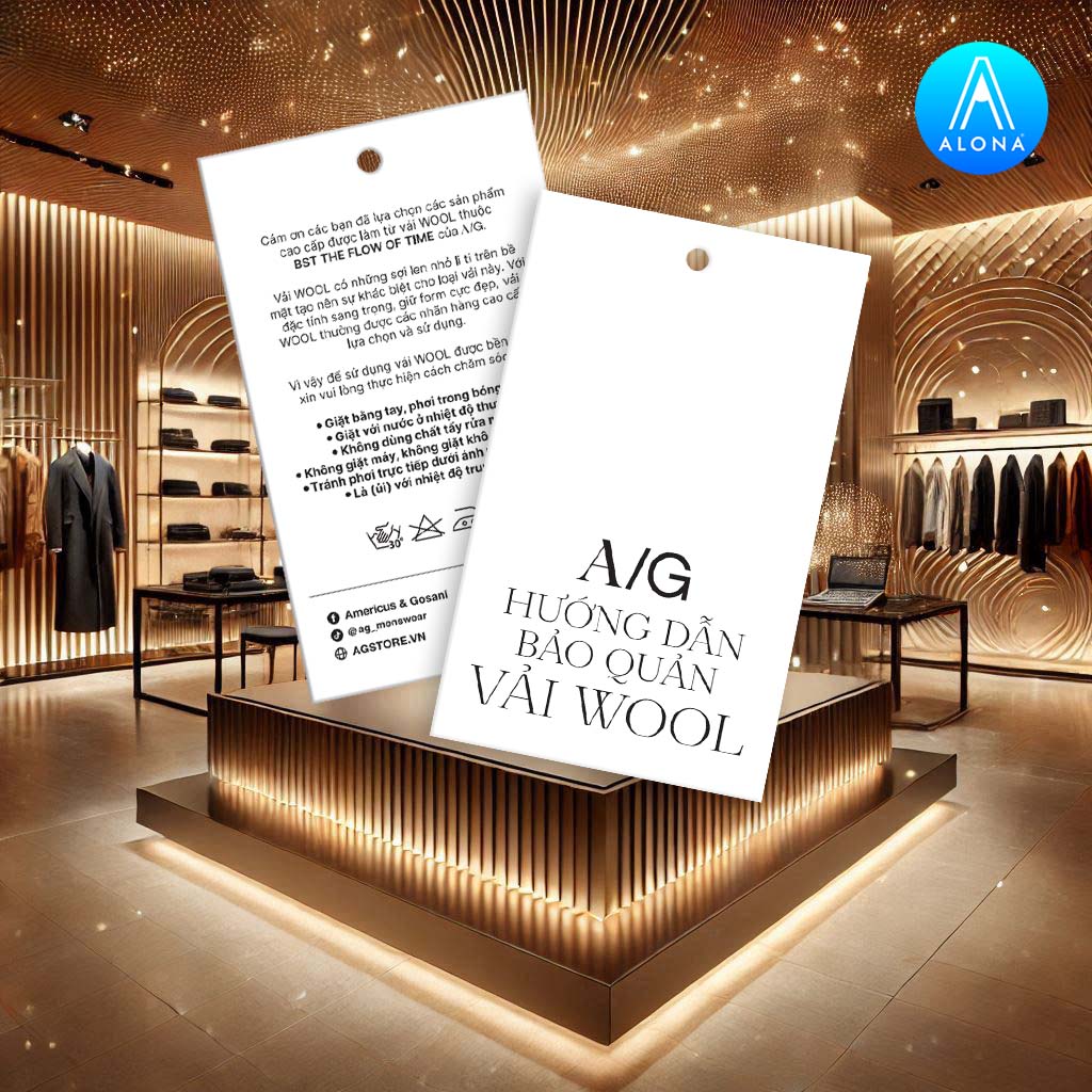 Tag sản phẩm A/G dạng chữ nhật dài, thiết kế 2 mặt gồm hướng dẫn bảo quản vải wool