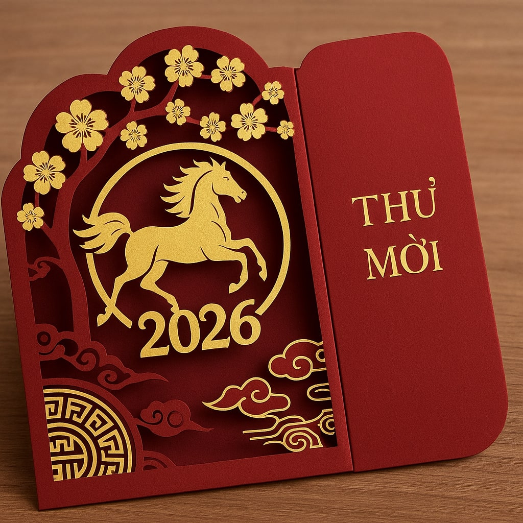 Thiết kế thiệp mời tết hình dáng đặc biệt cắt laser tinh xảo