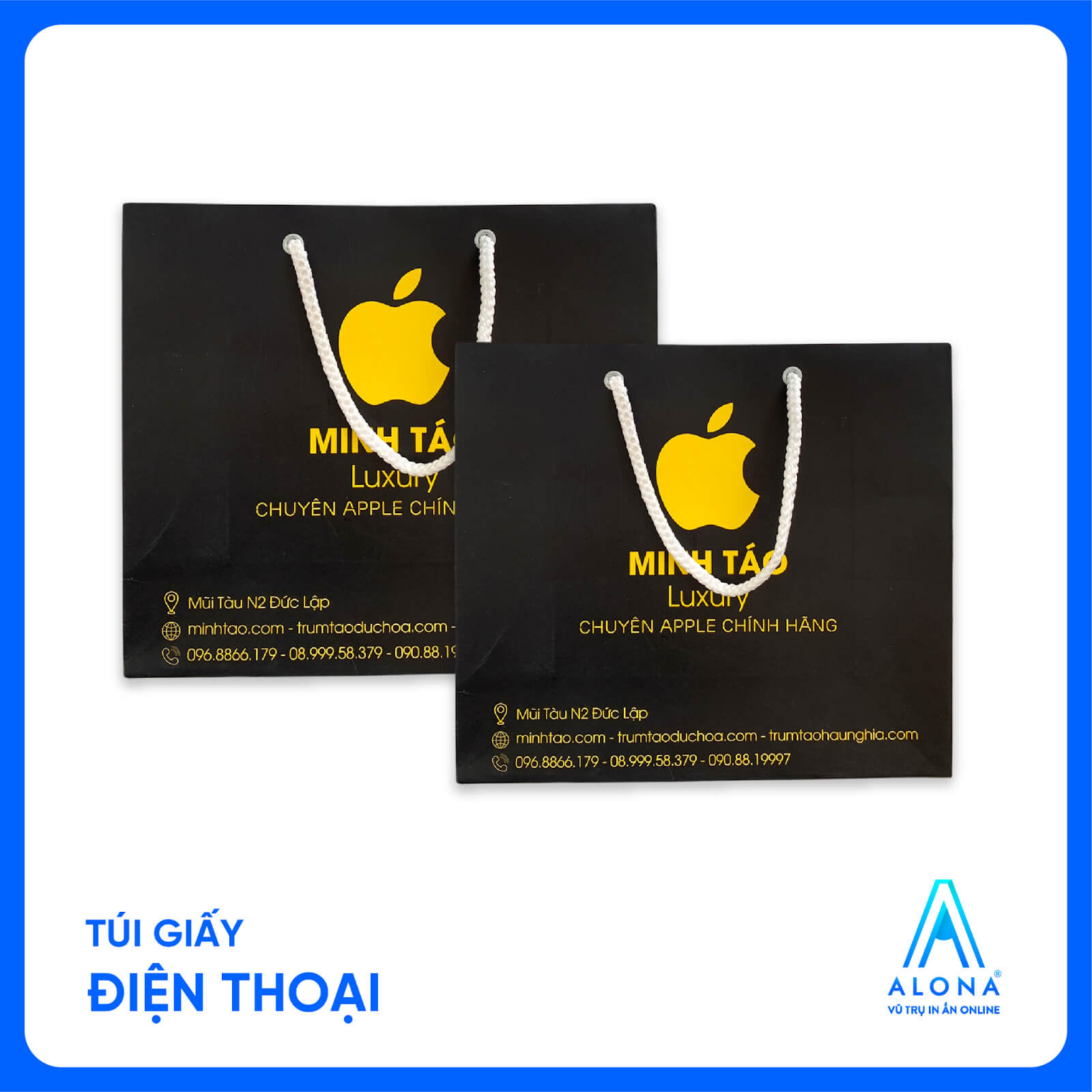 Túi giấy màu đen, in logo vàng nổi bật, thiết kế sang trọng dùng cho sản phẩm Apple Túi giấy màu đen, in logo vàng nổi bật, thiết kế sang trọng dùng cho sản phẩm Apple