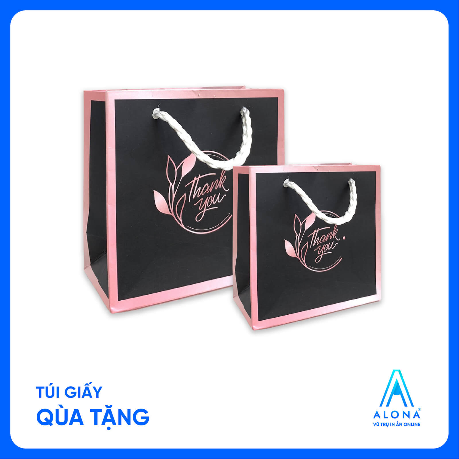 Túi giấy đen viền hồng ánh kim, in hình lá và chữ Túi giấy đen viền hồng ánh kim, in hình lá và chữ