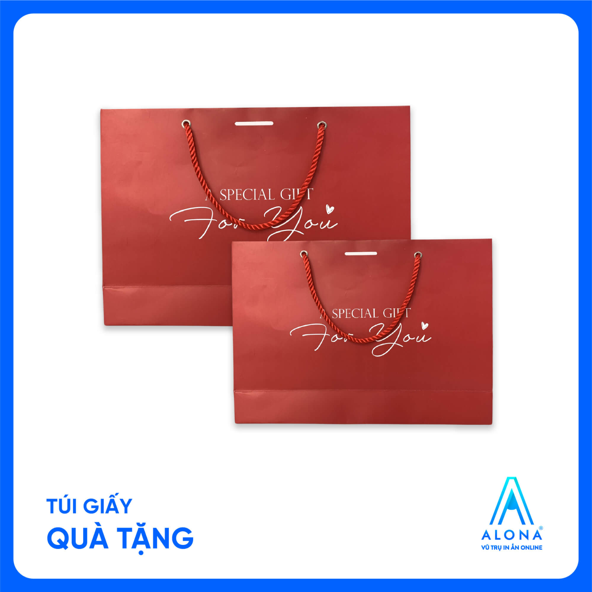 Túi giấy đỏ mờ, thiết kế tối giản với chữ trắng thanh thoát và quai dây xoắn cùng tông