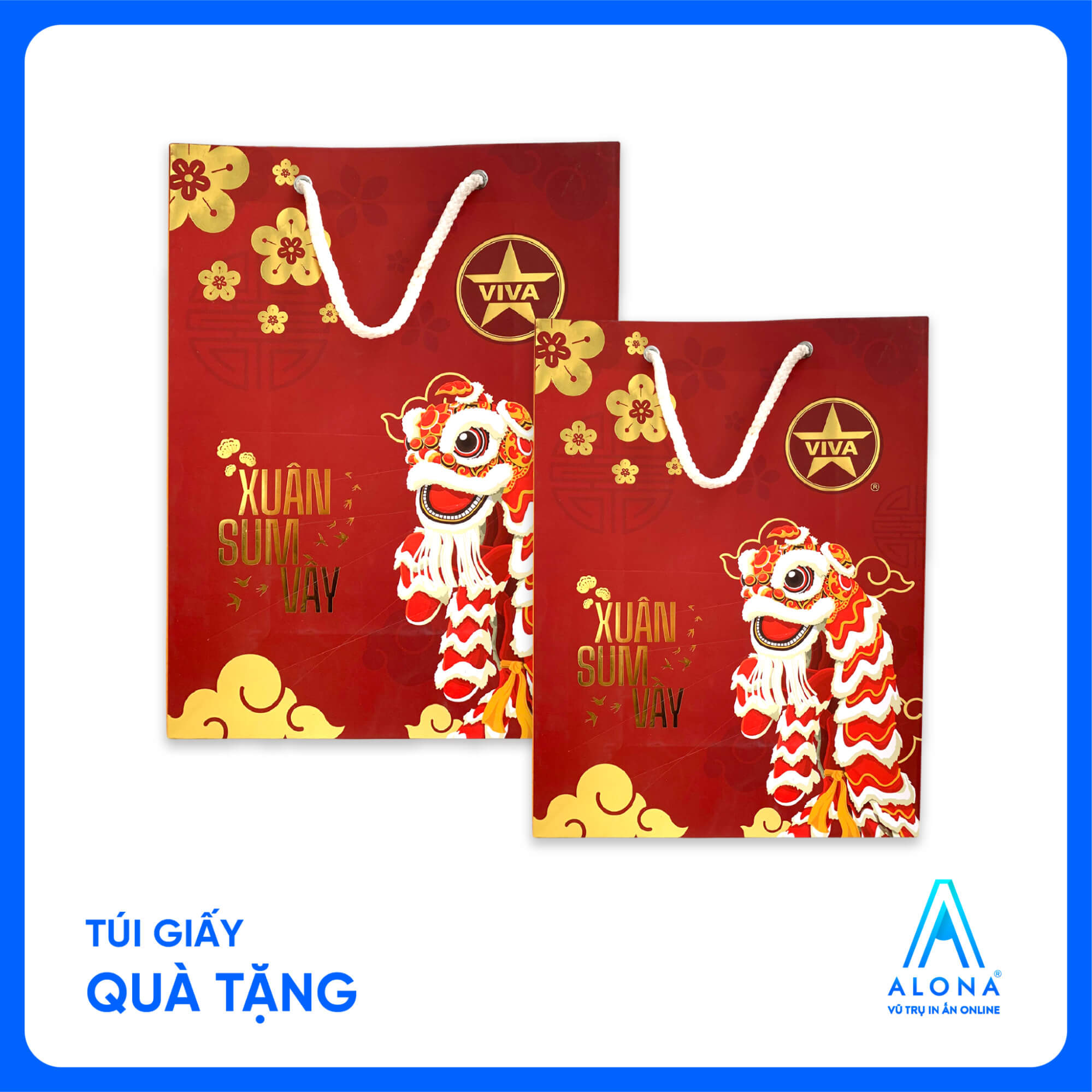 Túi giấy đỏ họa tiết lân sư rồng, điểm nhấn chữ 