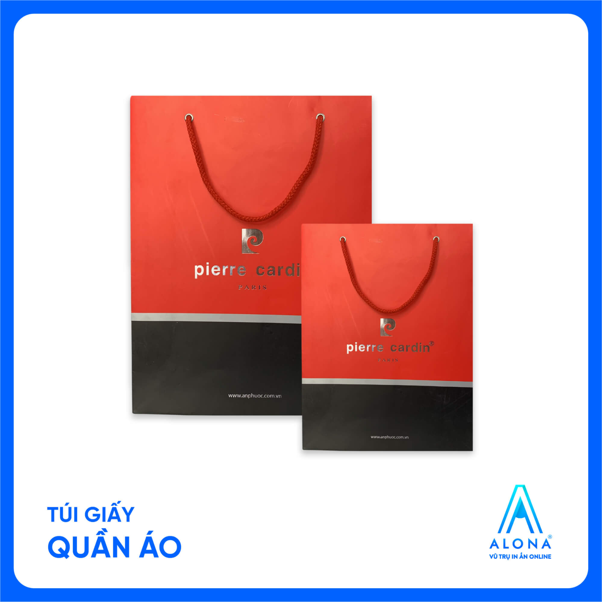 Túi giấy phối màu đỏ đen sang trọng, logo ánh bạc, quai dây dù đỏ nổi bật